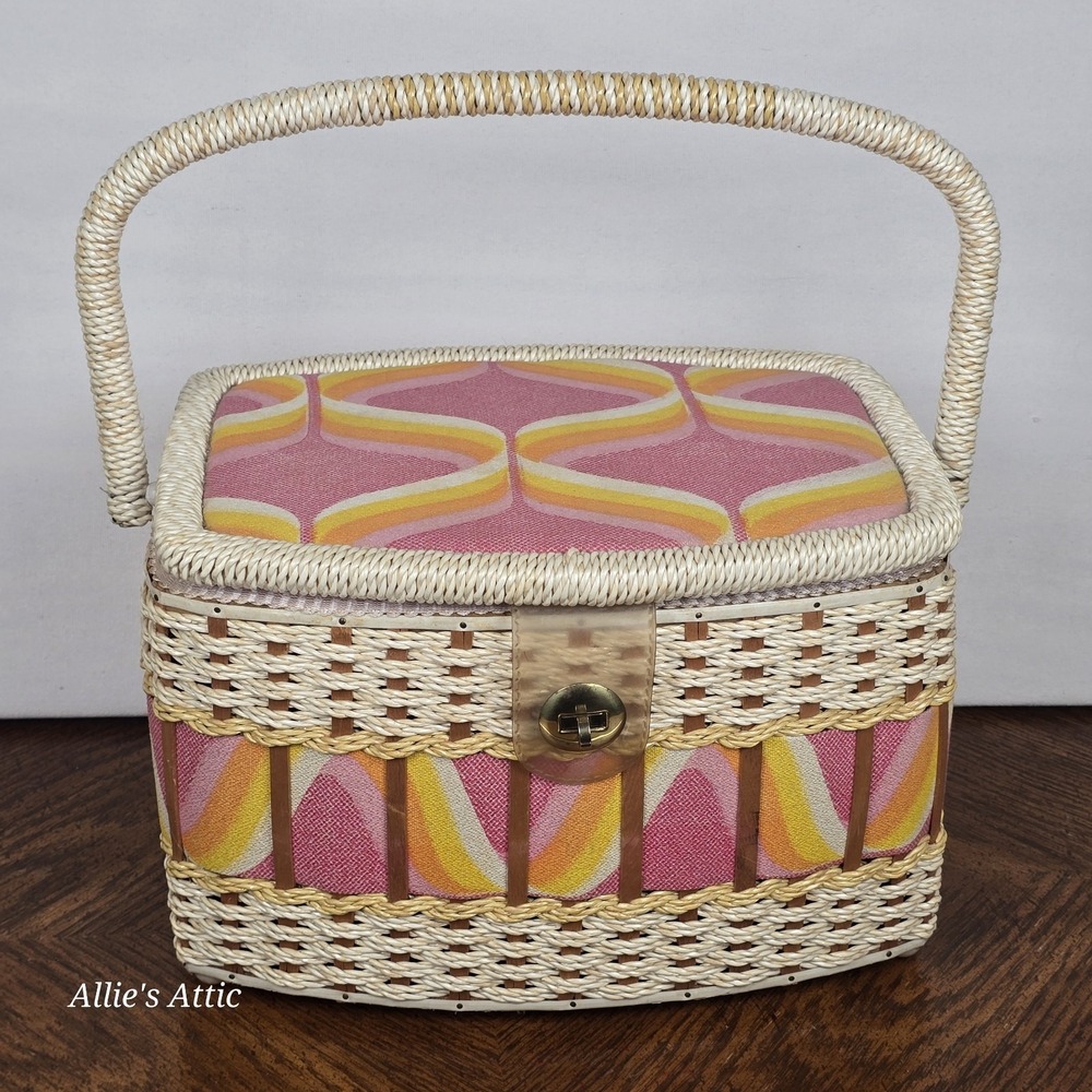 Vintage 70s Sewing Basket Pink Yellow White Mod Notions Box Handle Japan 12"